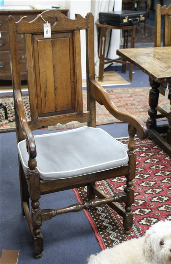 A set of eight 17th/18th century style backstool dining chairs (two having arms)